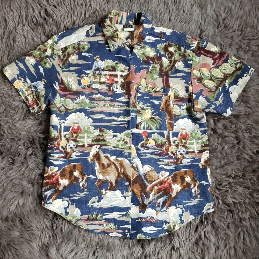 Vintage Mens Barkcloth Western Cowboy Horse Button Front Printed Shirt - Picture 3 of 11